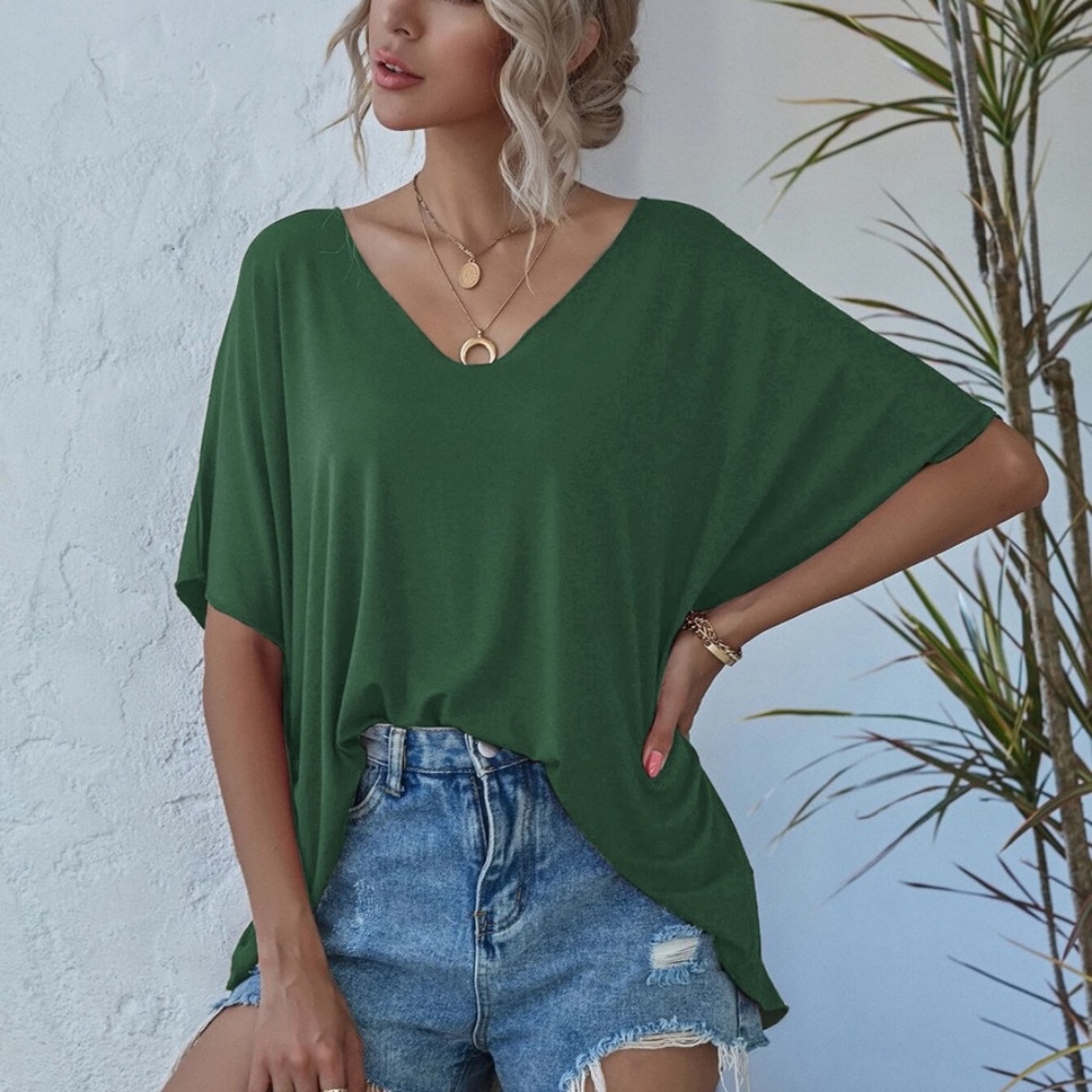 Olive V neck Classic Dolman Sleeve Oversized Top - Picture 4 of 10